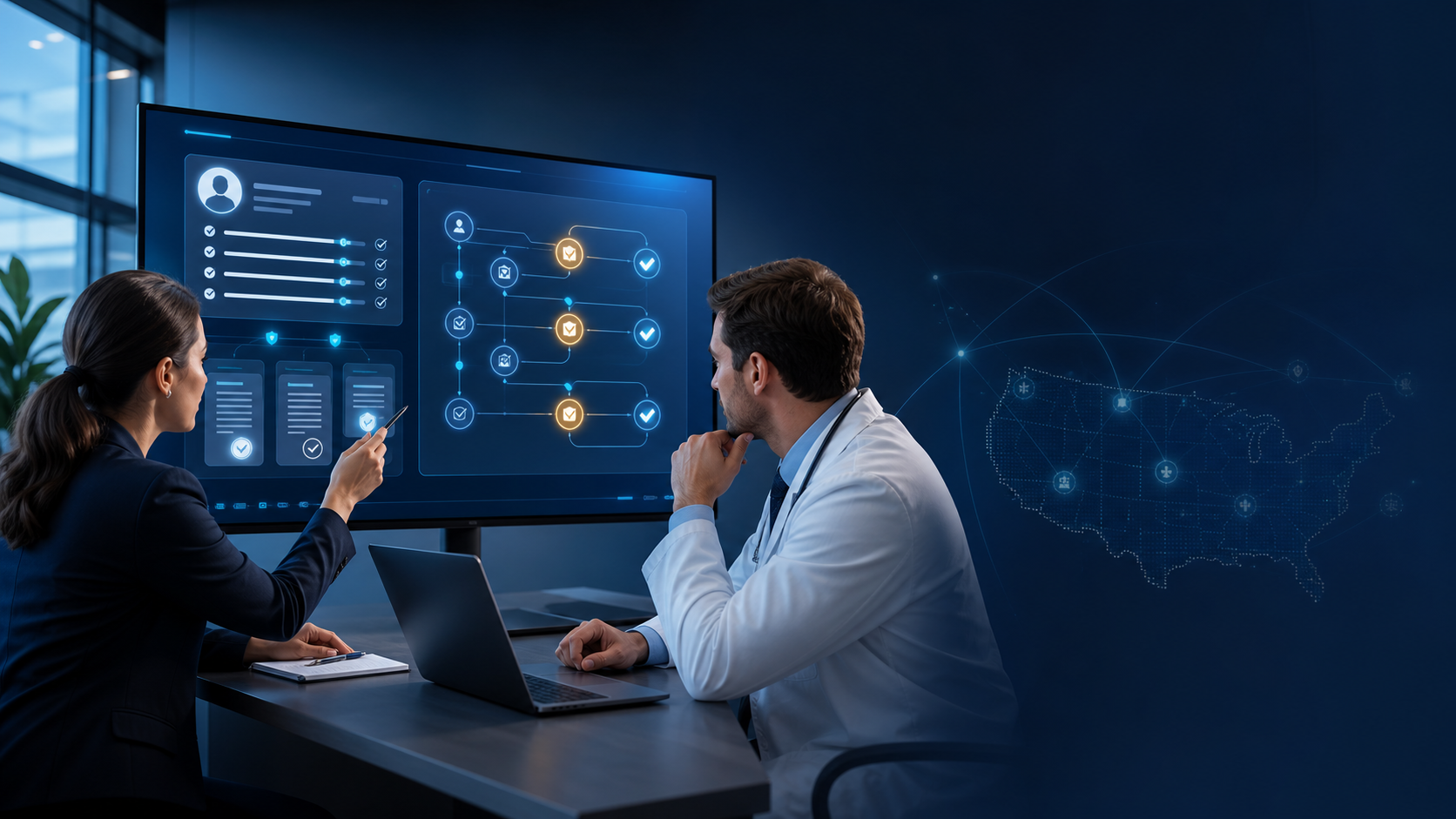 Credentialing specialist and physician reviewing a provider verification and payer enrollment workflow