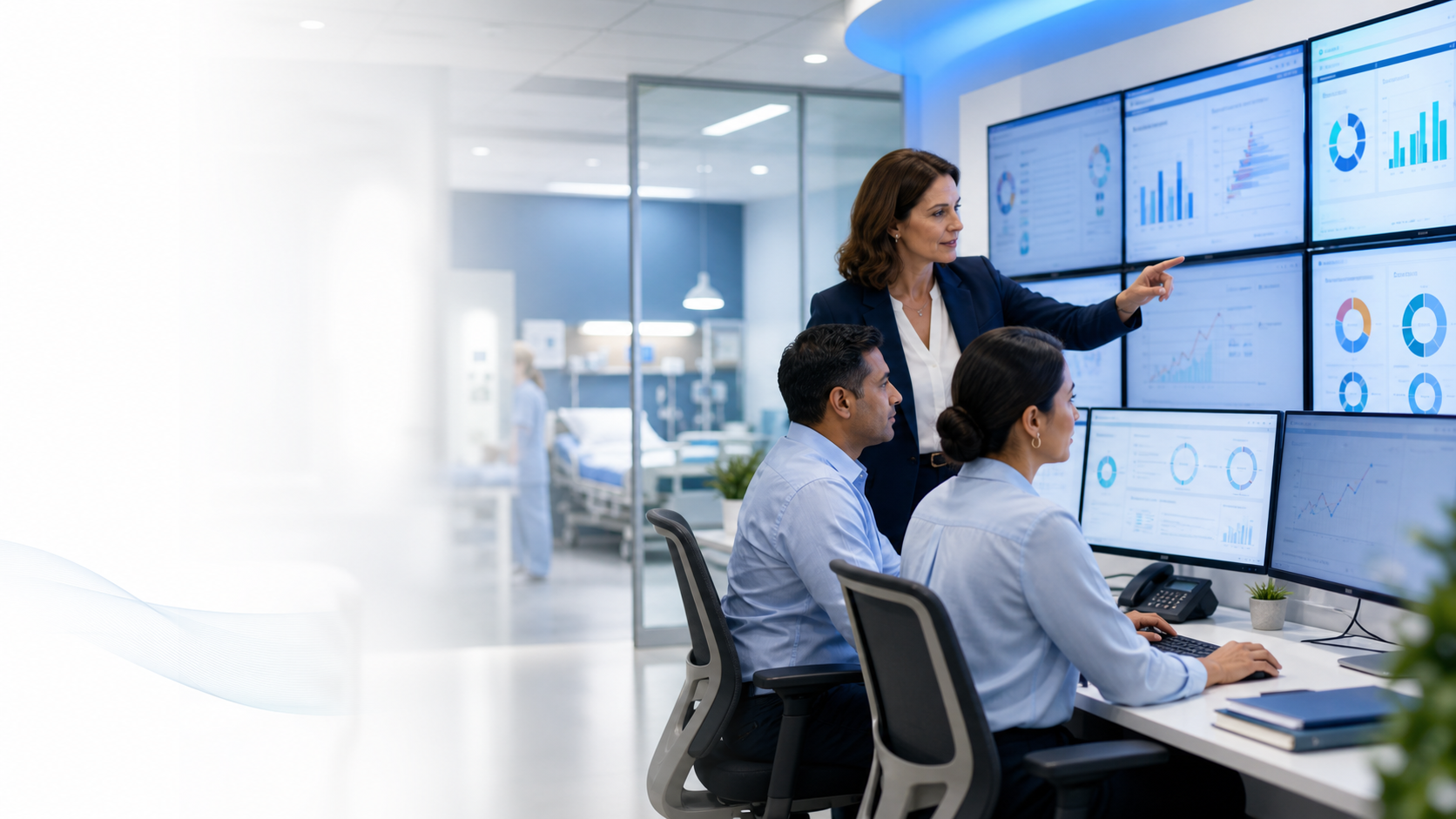 Medical billing specialists reviewing revenue cycle and claims performance dashboards